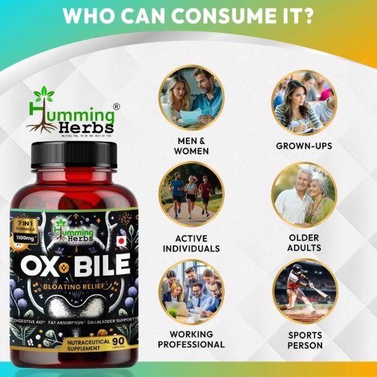 Picture of Ox Bile 1100mg - 7-in-1 Digestive Support Supplement with Probiotics, Curcumin & Bromelain - 90 Capsules
