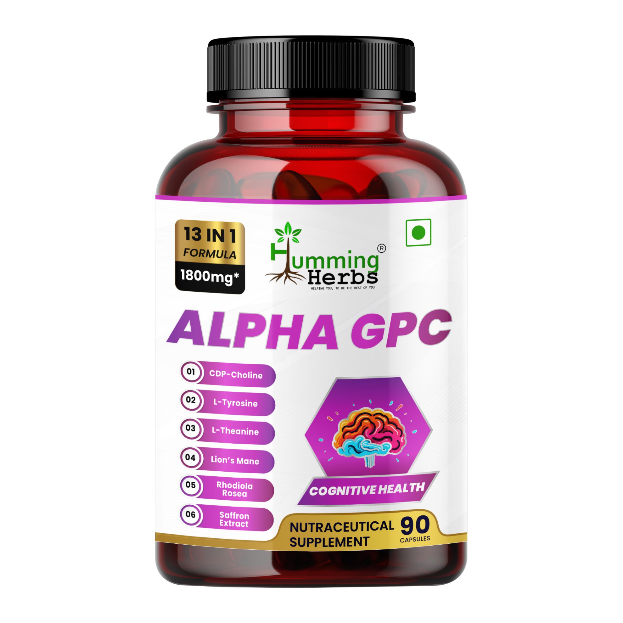 Picture of Alpha GPC 1800mg - 13 in 1 Brain Health Supplement with CDP Choline, L-Tyrosine, L-Theanine & Lion's Mane - 90 Vegetarian Capsules