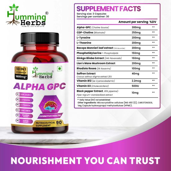 Picture of Alpha GPC 1800mg - 13 in 1 Brain Health Supplement with CDP Choline, L-Tyrosine, L-Theanine & Lion's Mane - 90 Vegetarian Capsules