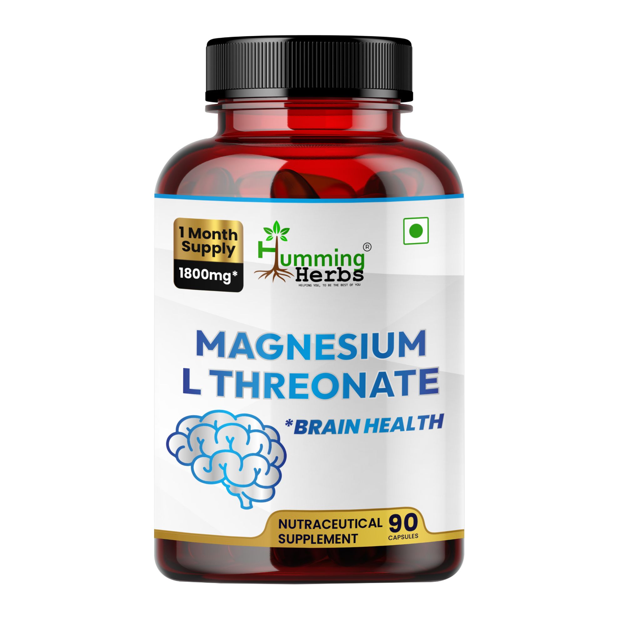Picture of Magnesium L-Threonate 1800mg – Brain Health Supplement for Mental Clarity & Cognitive Support – 90 Vegan Capsules (30 Days Supply)