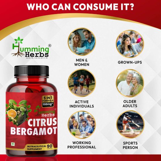Picture of Citrus Bergamot Capsules - 5 in 1 Formula with Black Chokeberry, Olive Leaf, Niacin & Black Pepper - 1110mg, 90 Veg Capsules for Cardiovascular & Metabolic Health Support