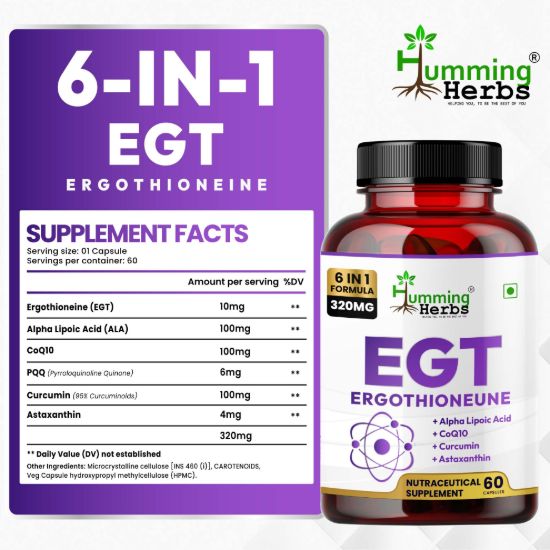 Picture of EGT Ergothioneine 320mg – 6-in-1 Antioxidant Formula with Alpha Lipoic Acid, CoQ10, Curcumin & Astaxanthin – 60 Veg Capsules