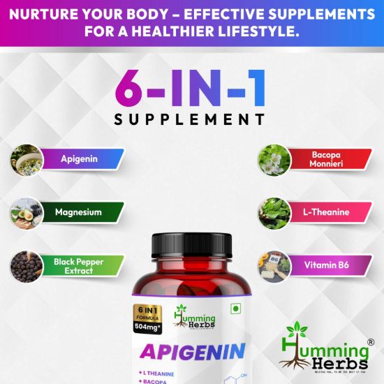 Picture of Apigenin 50mg Supplement with L-Theanine, Bacopa, Magnesium & Vitamin B6 - 6-in-1 Formula for Cognitive Health & Relaxation Support - 90 Capsules