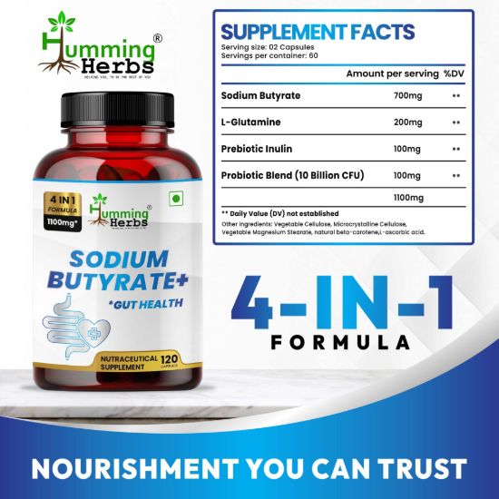 Picture of Sodium Butyrate Plus with L-Glutamine, Prebiotic Inulin & Probiotic Blend - 4-in-1 Formula, 1100mg Per Serving, 120 Capsules (60 Servings)