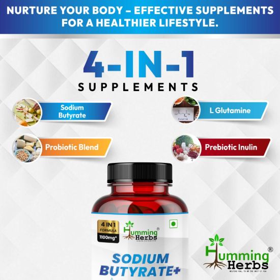 Picture of Sodium Butyrate Plus with L-Glutamine, Prebiotic Inulin & Probiotic Blend - 4-in-1 Formula, 1100mg Per Serving, 120 Capsules (60 Servings)