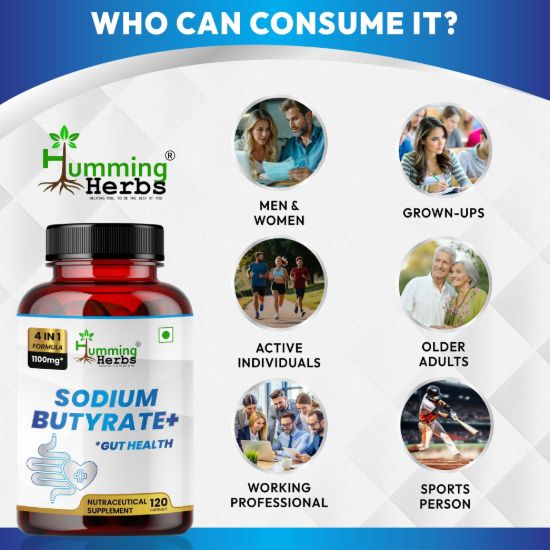 Picture of Sodium Butyrate Plus with L-Glutamine, Prebiotic Inulin & Probiotic Blend - 4-in-1 Formula, 1100mg Per Serving, 120 Capsules (60 Servings)