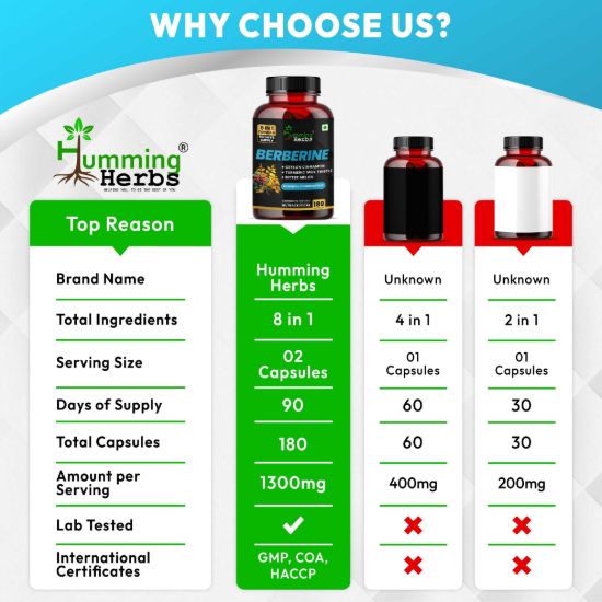Picture of Berberine Complex Capsules 1300mg - 8-in-1 Herbal Formula with Ceylon Cinnamon, Milk Thistle & Turmeric - 180 Vegetarian Capsules (90 Days Supply)