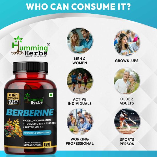 Picture of Berberine Complex Capsules 1300mg - 8-in-1 Herbal Formula with Ceylon Cinnamon, Milk Thistle & Turmeric - 180 Vegetarian Capsules (90 Days Supply)