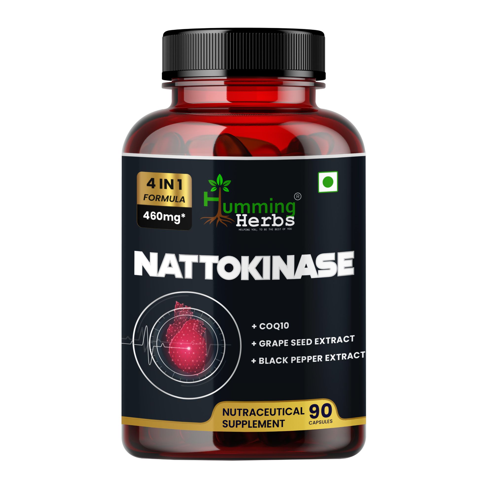 Picture of Nattokinase 4-in-1 Formula Supplement with CoQ10, Grape Seed Extract & Black Pepper Extract - 90 Vegetarian Capsules