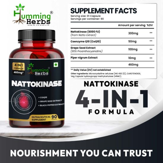 Picture of Nattokinase 4-in-1 Formula Supplement with CoQ10, Grape Seed Extract & Black Pepper Extract - 90 Vegetarian Capsules