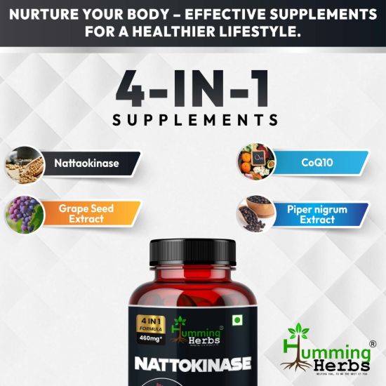 Picture of Nattokinase 4-in-1 Formula Supplement with CoQ10, Grape Seed Extract & Black Pepper Extract - 90 Vegetarian Capsules