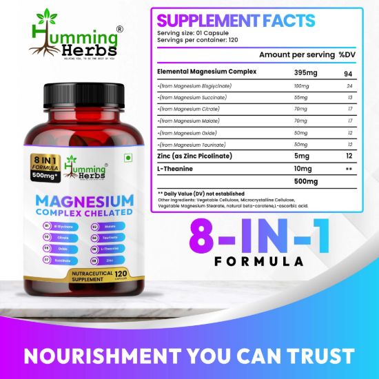 Picture of Magnesium Complex Chelated Supplement - 8 in 1 Formula with Zinc & L-Theanine - 500mg, 120 Capsules