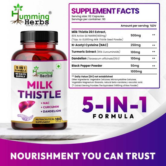 Picture of Humming Herbs Milk Thistle Extract 5-in-1 Formula - 180 Capsules (90 Days Supply)