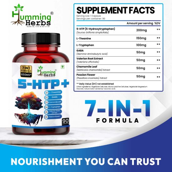 Picture of 5-HTP+ Capsules | 7-in-1 Formula with L-Theanine, GABA, Valerian Root & Chamomile | 650mg | 90 Veg Capsules