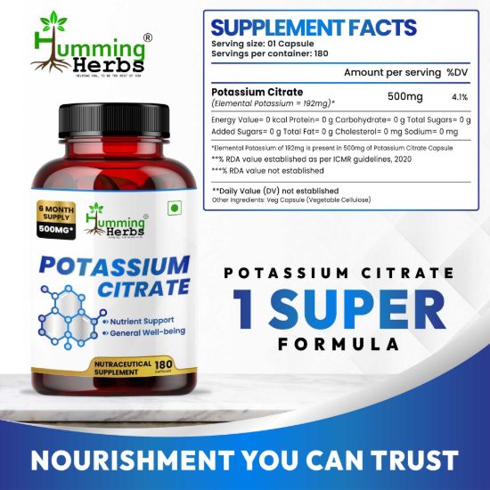 Picture of Potassium Citrate 500mg Supplement – 180 Capsules (6 Month Supply) for Bone Health, Nerve Function & Metabolism Support